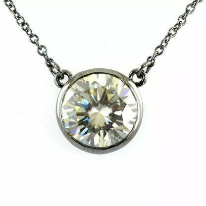 Sterling Hand-Made Off White Diamond Solitaire Pendant Bezel Set Necklace