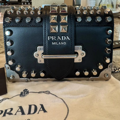 PRADA Cahier Studded Small Black Leather Crossbody Bag