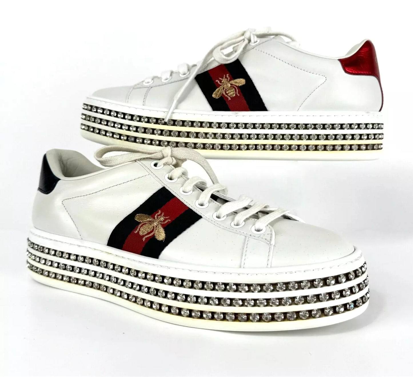 Gucci Women’s White Ace Gold Bee Crystal Platform Sneakers