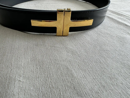 Tom Ford Men's Black Double T Buckle Logo Calf Leather Belt