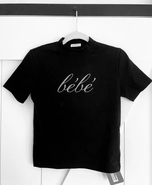 Balenciaga Bebe Rhinestone Logo Stretch Cotton T-Shirt