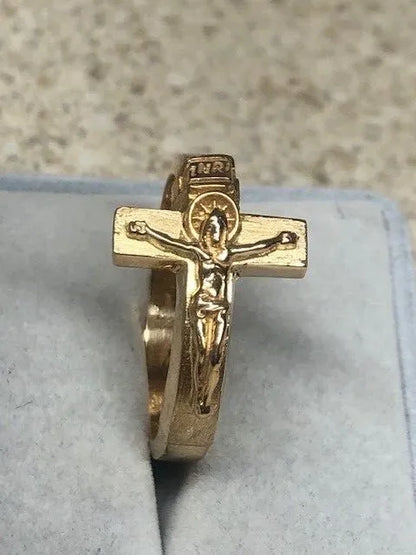 14K Solid Gold Cross Crucifix Jesus Ring