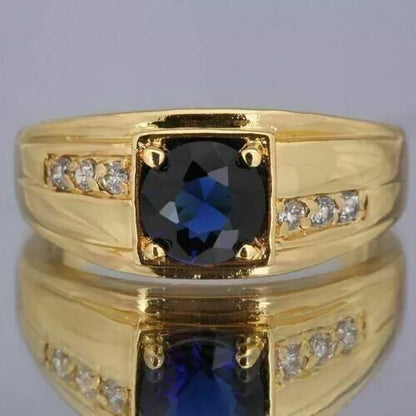 2.12Ct Natural Blue Sapphire & GH SI Diamond Men's Ring