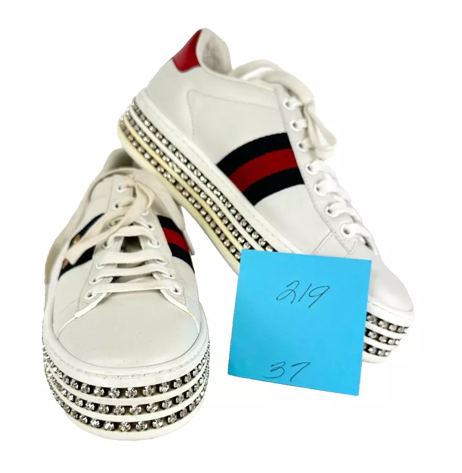 Gucci Women’s White Ace Gold Bee Crystal Platform Sneakers