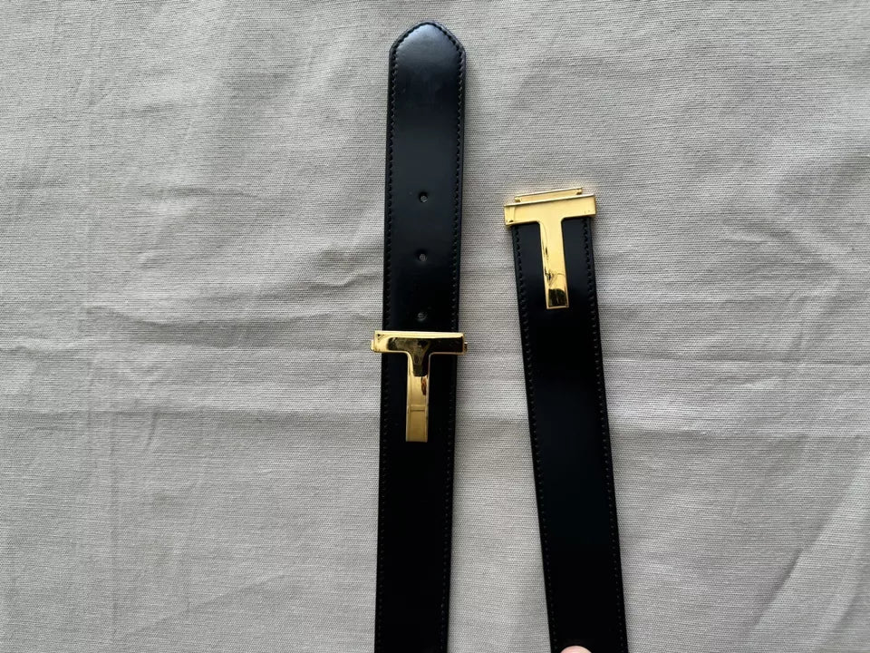 Tom Ford Men's Black Double T Buckle Logo Calf Leather Belt