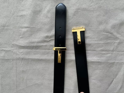 Tom Ford Men's Black Double T Buckle Logo Calf Leather Belt