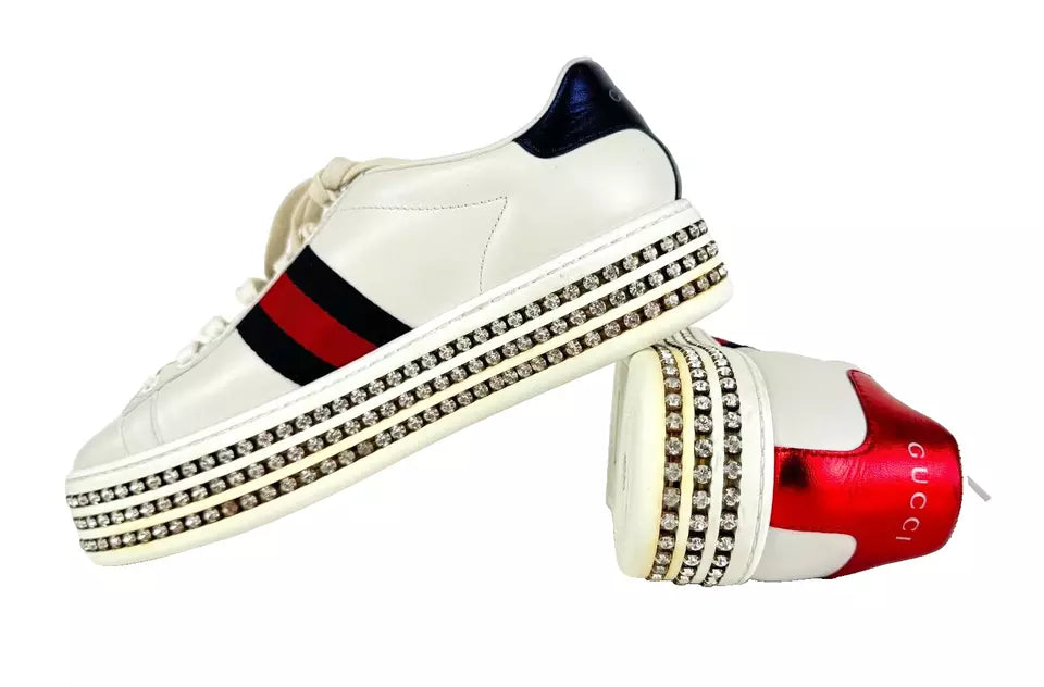 Gucci Women’s White Ace Gold Bee Crystal Platform Sneakers