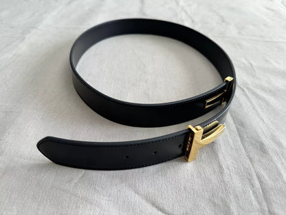 Tom Ford Men's Black Double T Buckle Logo Calf Leather Belt